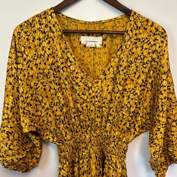 ANTHROPOLOGIE WOMENS MIDI LENGTH CINCHED WAIST MARIGOLD DRESS YELLOW BLACK XS - Picture 5 of 10
